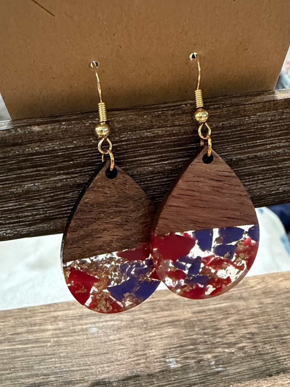 Teardrop Wooden Earrings with Red & Blue Accents